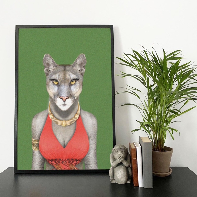 Cougar in clothes, animal print, wall art - A5 - Glossy - Green