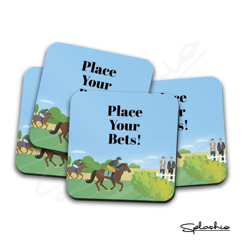 Bar Runner Mat, Horse Racing Home Bar Mat & 4 x Drinks Coasters Gift Set Garden Bar Sets / Personalised Mats Home Bar - Place Your Bets - Set of 4 Coasters