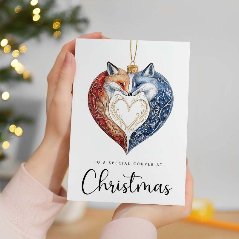 Christmas Card For Couple Foxes Bauble Love Heart Illustration Romantic Christmas Card For Special Couple - Portrait (5x7) / Blank Inside