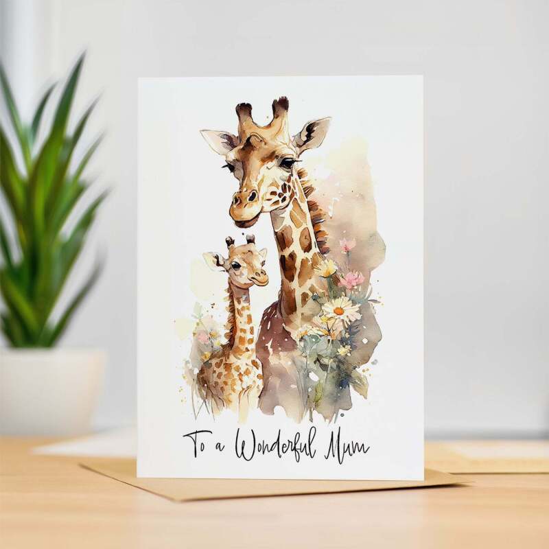 Birthday Card For Mum Card for Mothers Day Birthday Card For Her Birthday Gift For Mum Happy Birthday Card For Mum with Giraffe Illustration - Small (4x6) / Blank Message