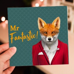 Mr Fantastic cute fox, animal in clothes Valentine’s Day card for husband, boyfriend, male partner (Animalyser) (Size A6/A5/A4/Square 6x6") - A6: Single card