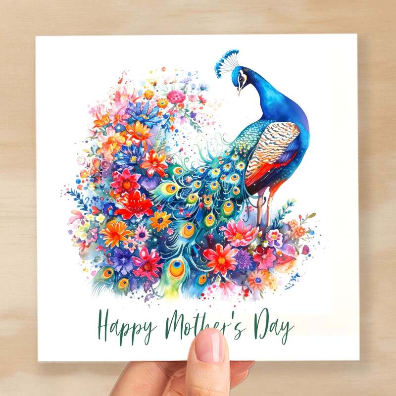 Mother's Day Card For Mum Happy Mother's Day Mothers Day card Mothering Sunday Flower Peacock Mother's Day Card For Mom Mommy Mum Mummy - Square (6x6) / Blank Message