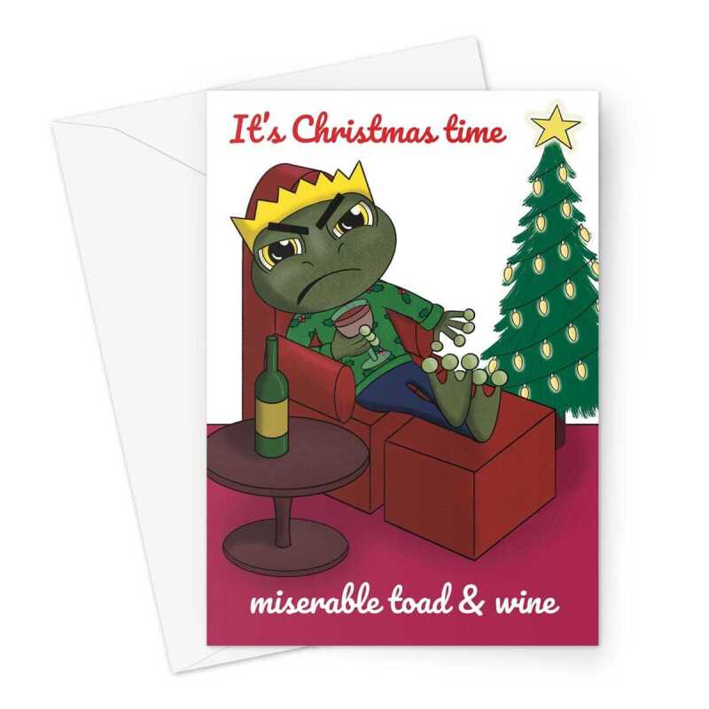 Merry Christmas Card - Funny Bah Humbug Miserable Toad And Wine - A5 Portrait - 1 Card