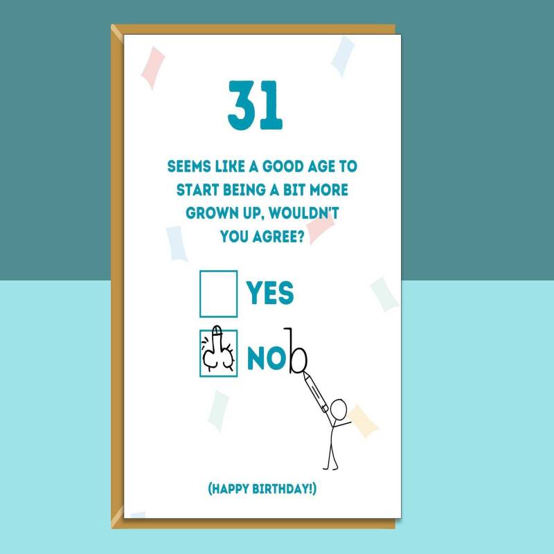 Funny 31st Birthday Card - Personalised inside if required - For Him or For Her - Perfect greetings card for someone turning 31 years old - Blank inside - Small