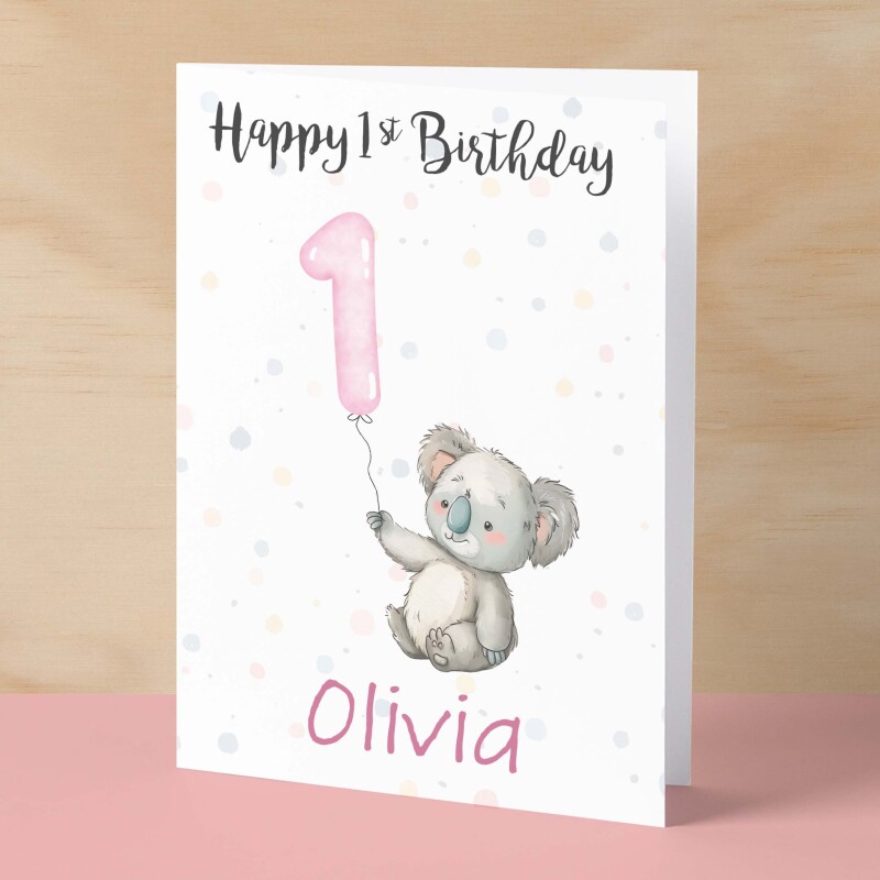 Personalised 1st, 2nd, 3rd, 4th, 5th Birthday Card for Daughter, Granddaughter, Niece, Goddaughter Girls Koala Card - 1 - One - Blank Message