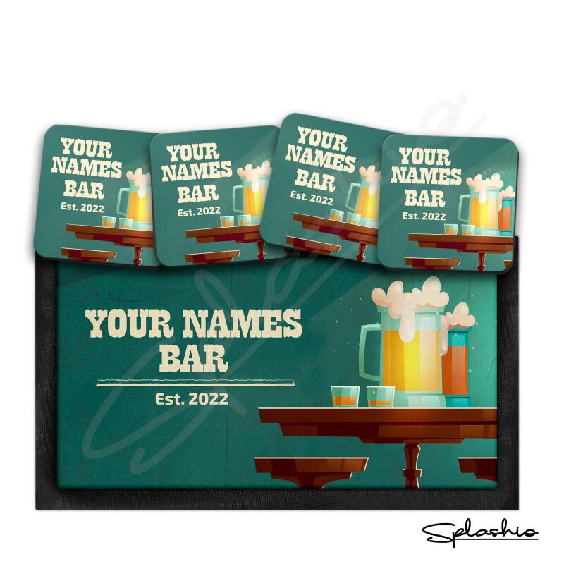 Personalised Bar Runner Mat, Custom Beer Mats & 4 x Drinks Coasters Gift Set Garden Bar Sets / Personalised Mats Home Bar Western Bar Mat - Set of 4 Coasters