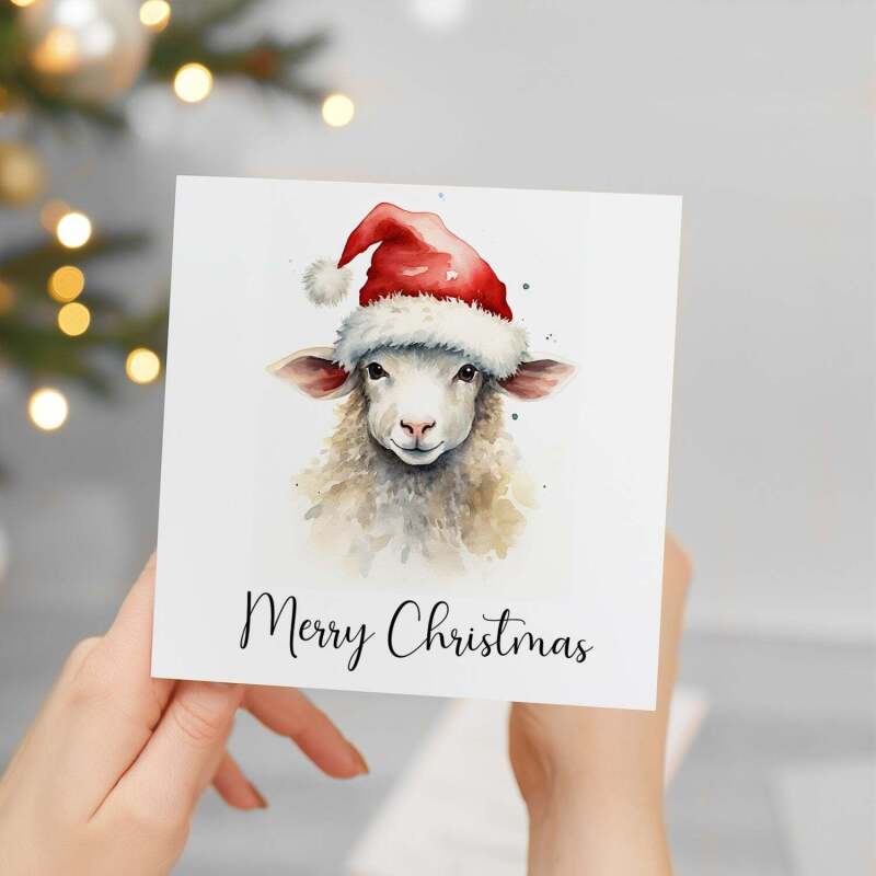 Fun Christmas Card of a Sheep Wearing A Santa Hat Whimsical Watercolour Christmas Card For Animal Lover For Him or Her - Square (5.5x5.5) / Blank Inside