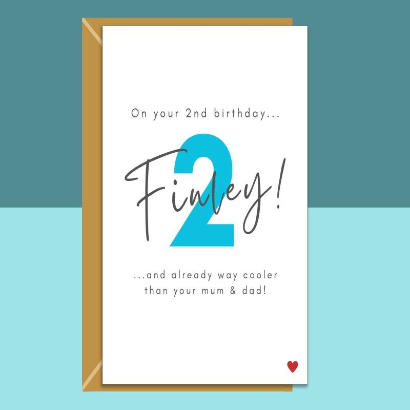 2nd Birthday Card - Funny - Personalised - For nephew, cousin, friend's little boy, godson, grandson, or any other baby turning 2 years old. - Blank inside - Small