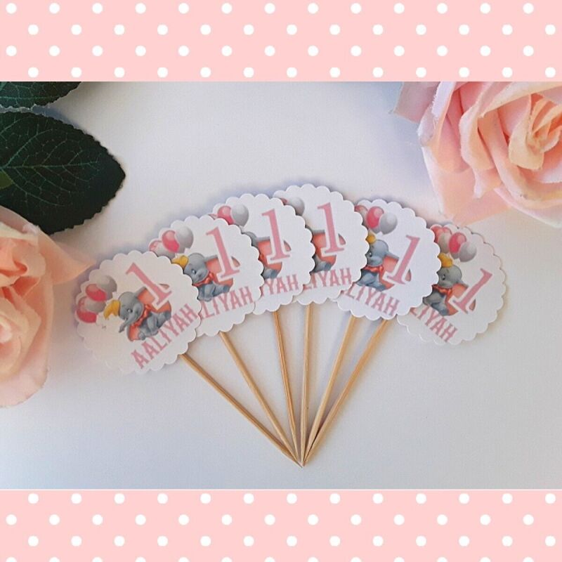 6 Personalised Dumbo Cupcake Picks,Dumbo Food Picks,Dumbo Birthday (unofficial) - Pink