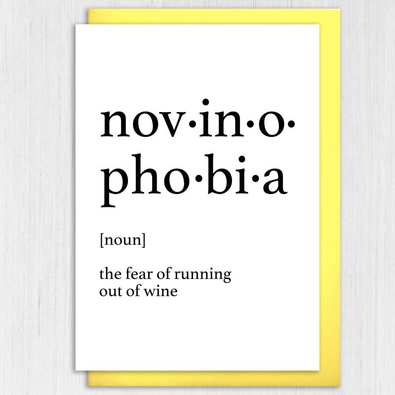 Dictionary definition of novinophobia, fear of running out of wine, alcohol theme birthday card for male, female (Size A6/A5/A4/Square 6x6") - A6: Single card