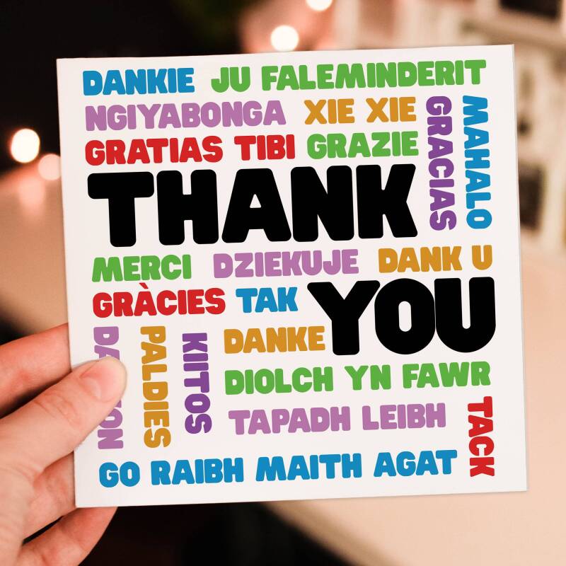 Thank you in different languages, merci, danke, gracias, grazie, tak, xie xie, kiitos card for friend, teacher (Size A6/A5/A4/Square 6x6") - A6: Single card