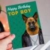 Happy Birthday Top Boy German Shepherd dog, doggy in clothes card for boyfriend, husband, male, brother (Animalyser) Size A6/A5/A4/Square - A6: Single card