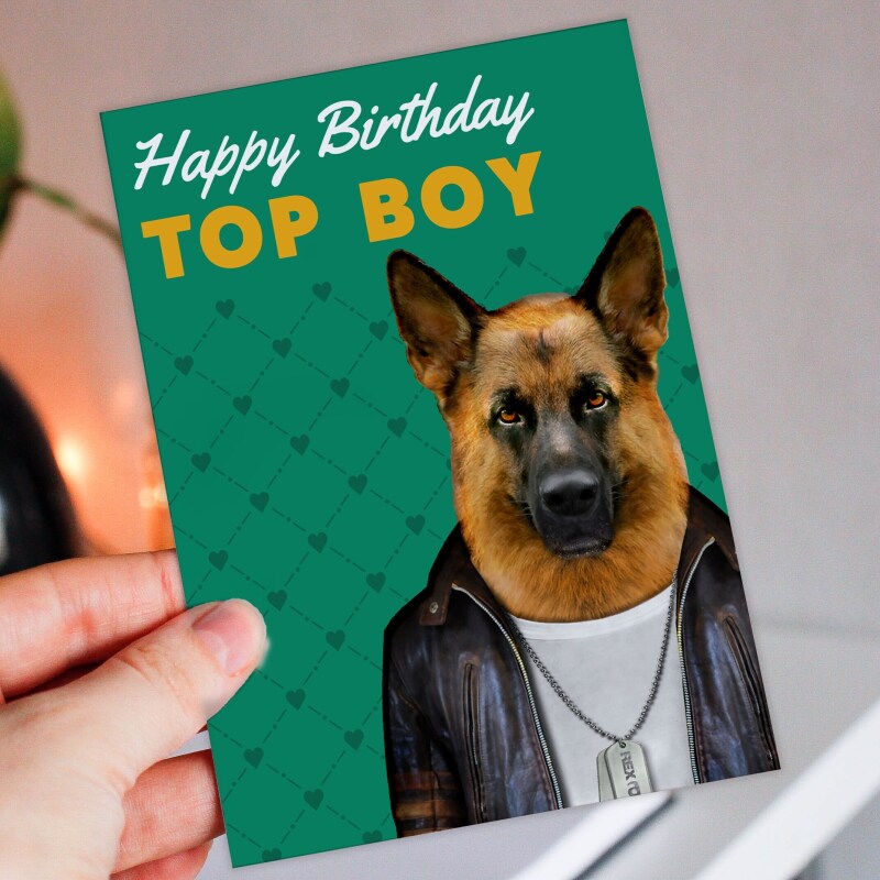 Happy Birthday Top Boy German Shepherd dog, doggy in clothes card for boyfriend, husband, male, brother (Animalyser) Size A6/A5/A4/Square - A6: Single card