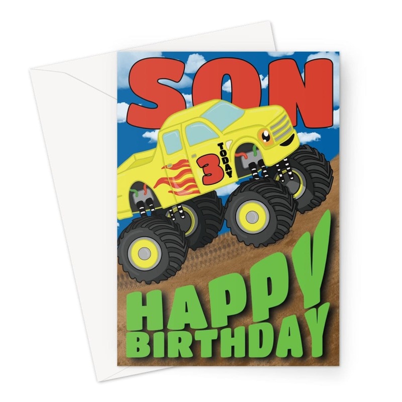 Son Age 3 Monster Truck Birthday Card - A5 Portrait - 1 Card