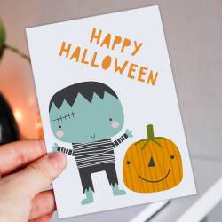 Zombie and pumpkin cute Happy Halloween, All Hallow's Eve card for children, kids, adults, all ages (Size A6/A5/A4/Square 6x6") - A6: Single card