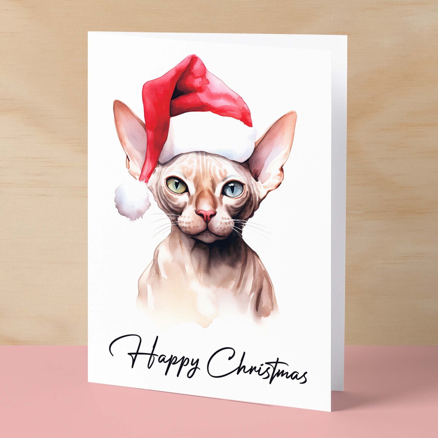 Cat Christmas Card Featuring A Sphynx Cat Wearing a Santa Hat Fun Christmas Card For Him or Her Christmas Card For Anyone Christmas Gift - Small (4x6) / Blank Message