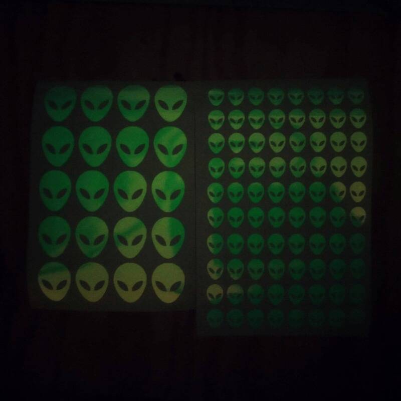 Glow in the Dark Alien Stickers in 1 inch or 0.5inch sizes - 1