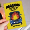 Funny car problems, car on fire, mechanic Dad birthday card from daughter or son: What does this light on my car mean? Size A6/A5/A4/Square - A6: Single card - Yellow