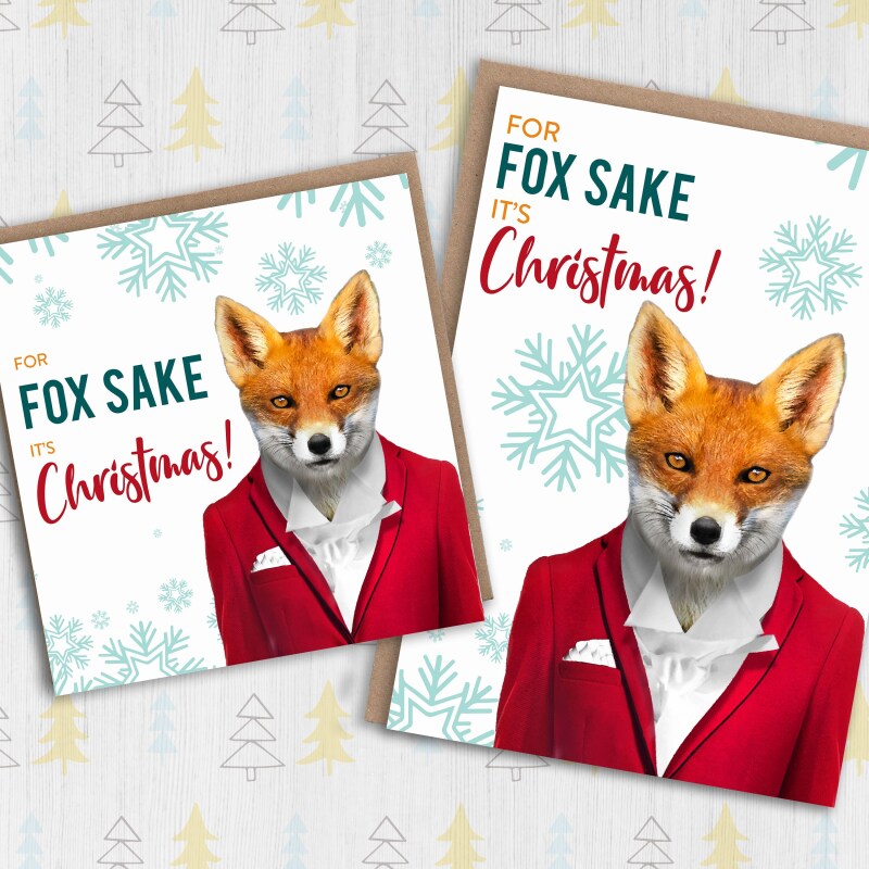 For Fox Sake it’s Christmas funny fox in clothes Christmas, Holidays, Xmas, festive card (Animalyser) (Size A6/A5/A4/Square 6x6") - A6: Single card