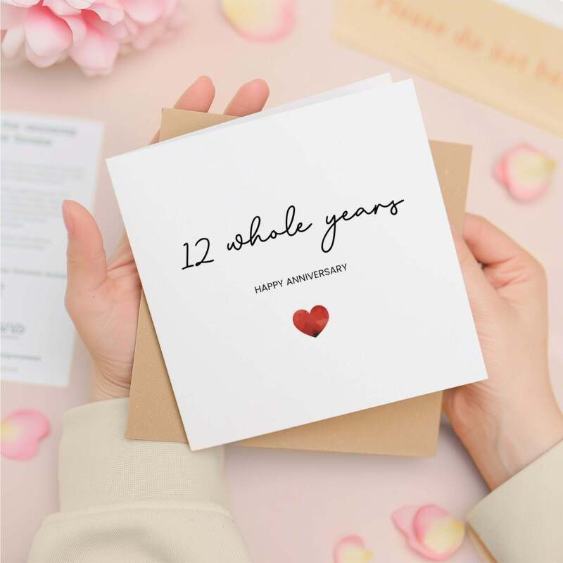 12th Anniversary Card For Wife, Husband, Girlfriend or Boyfriend, Simple Love Heart, Modern & Charming Gesture - Square (5.5x5.5) / Blank Inside