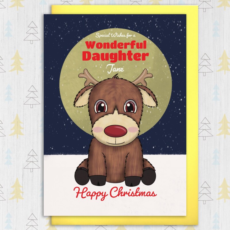Personalised Happy Christmas with name, cute reindeer card for wonderful child, son, daughter, grandson, granddaughter (Size A6/A5/A4) - A6: Single card