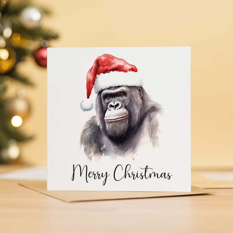 Fun Christmas Card of a Gorilla Wearing A Santa Hat Whimsical Watercolour Christmas Card For Animal Lover For Him or Her - Square (5.5x5.5) / Blank Inside