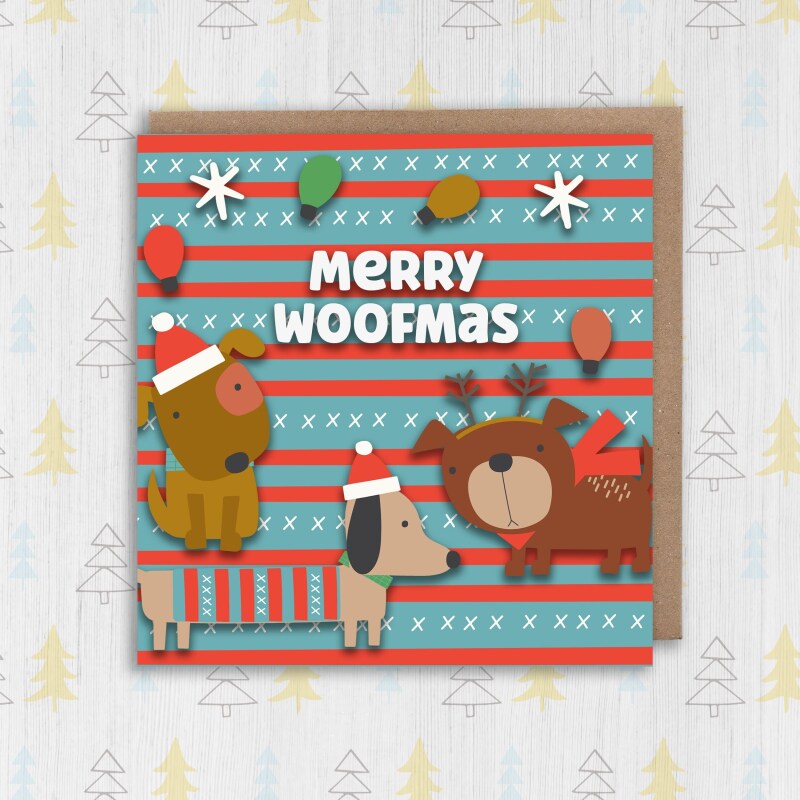 Merry Woofmas funny, cute dog, puppy, doggy, pet, dog owner, lover Christmas, holidays, festive card (Size A6/A5/A4/Square 6x6") - A6: Single card