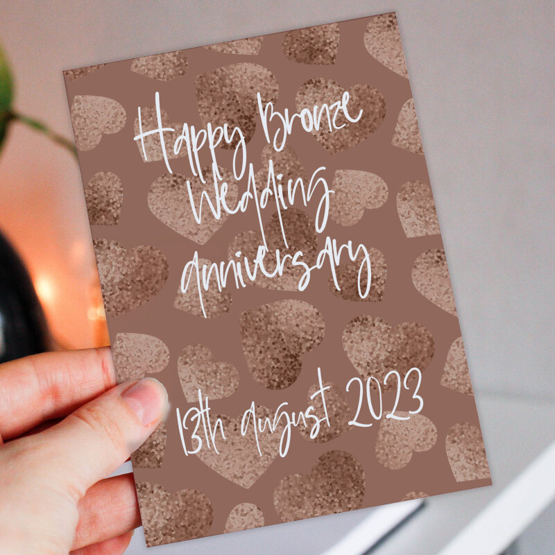 Personalised Bronze (8th/eight years) anniversary card: Personalised with date (Size A6/A5/A4/Square 6x6") - A6: Single card