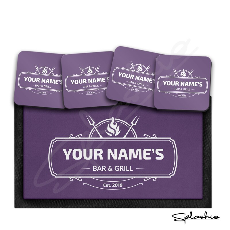 Personalised Bar Runner Mat, Custom Beer Mats & 4 x Drinks Coasters Gift Set Garden Bar Sets / Personalised Mats Home Bar Bar and Grill Mat - Set of 4 Coasters - Black