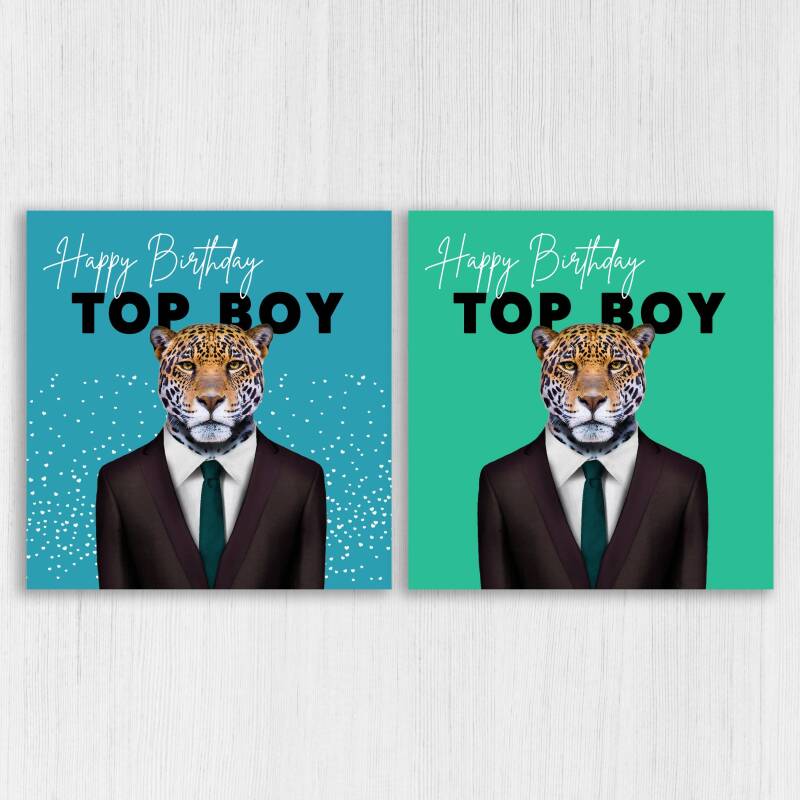 Happy Birthday Top Boy Jaguar animal in clothes card for boyfriend, husband, male, brother (Animalyser) Size A6/A5/A4/Square - A6: Single card