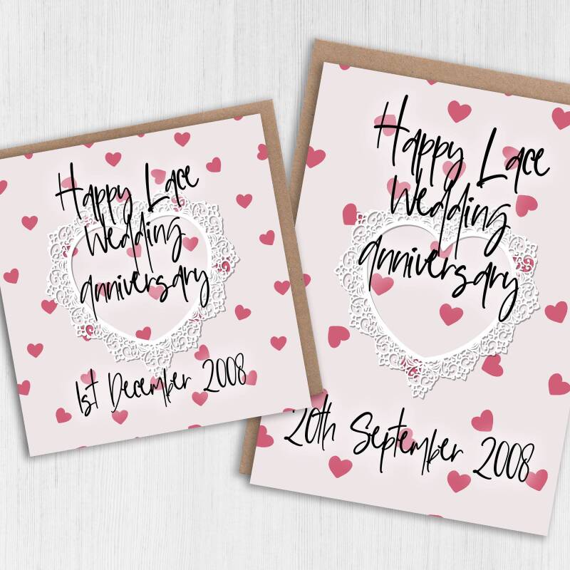 Personalised Lace (13th/13 years) anniversary card: Personalised with date (Size A6/A5/A4/Square 6x6") - A6: Single card