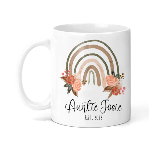 Personalised New Auntie Ceramic Mug - Watercolour Boho Rainbow