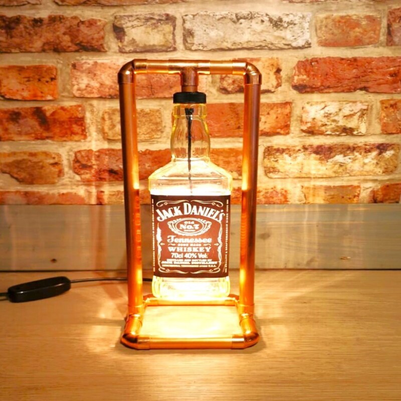 Unique lamp Jack Daniel's Old No. 7 Whiskey Bottle with Copper Pipe Frame - Rustic Home Bar Accent, Unique Home Décor, Industrial Copper Pipe