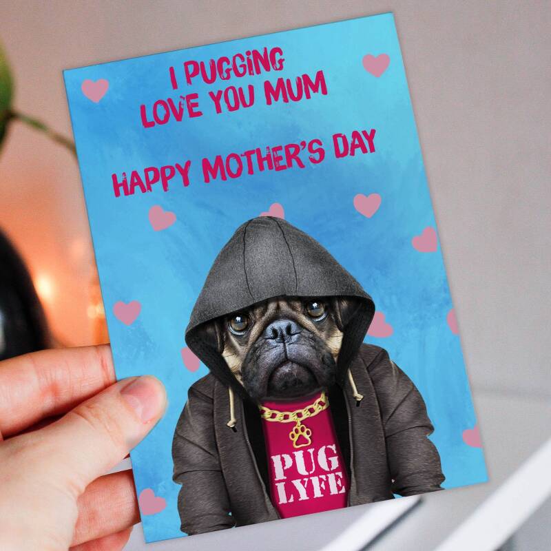 I pugging love you mum, mom pug, dog in clothes Mother's Day card for mother from son, daughter (Animalyser) (Size A6/A5/A4/Square 6x6") - A6: Single card - Mum