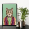 Cat in clothes, animal print, wall art - A5 - Glossy - Green