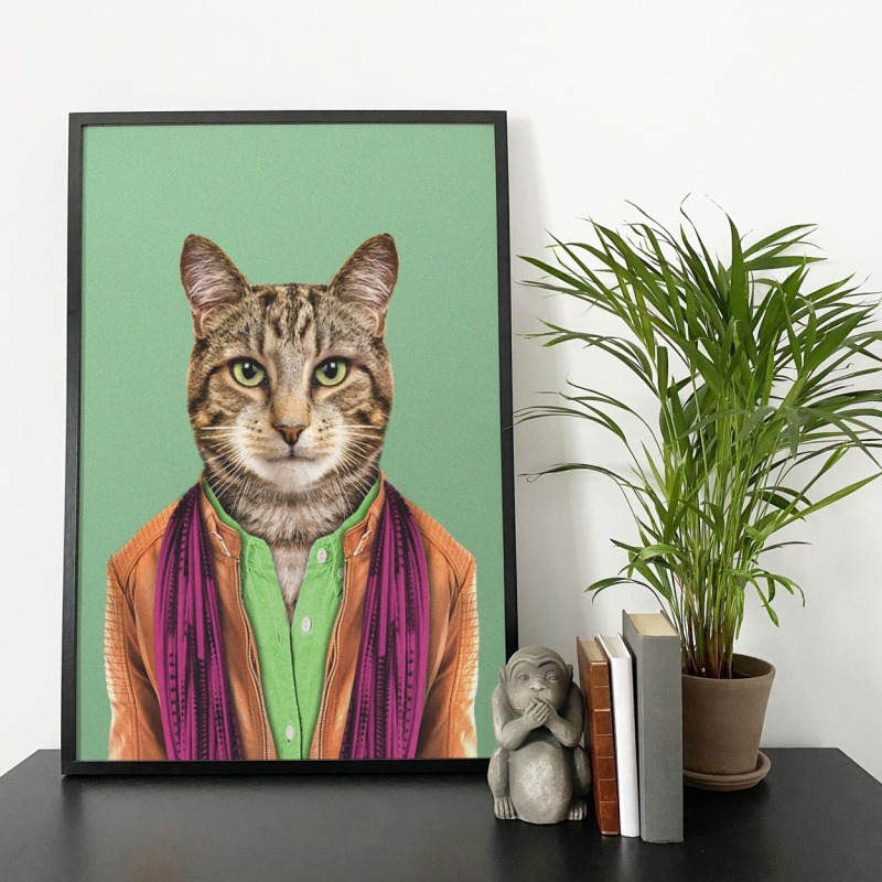 Cat in clothes, animal print, wall art - A5 - Glossy - Green