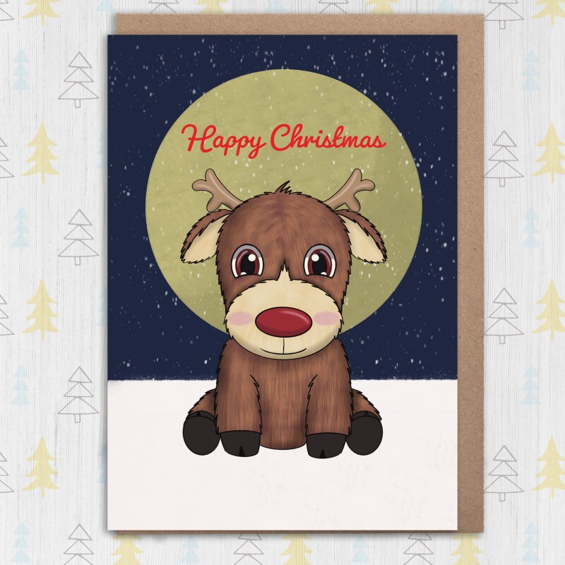 Personalised Happy Christmas with name, cute reindeer card for wonderful child, son, daughter, grandson, granddaughter (Size A6/A5/A4) - A6: Single card