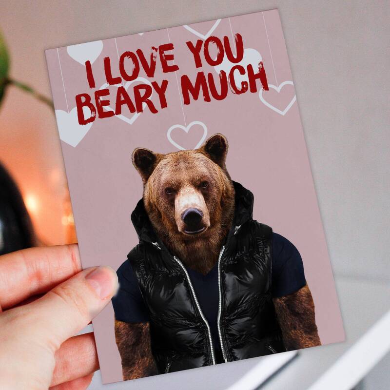 I love you beary much bear in clothes anniversary, love, bear pun card for wife, husband, partner (Animalyser) (Size A6/A5/A4/Square 6x6") - A6: Single card