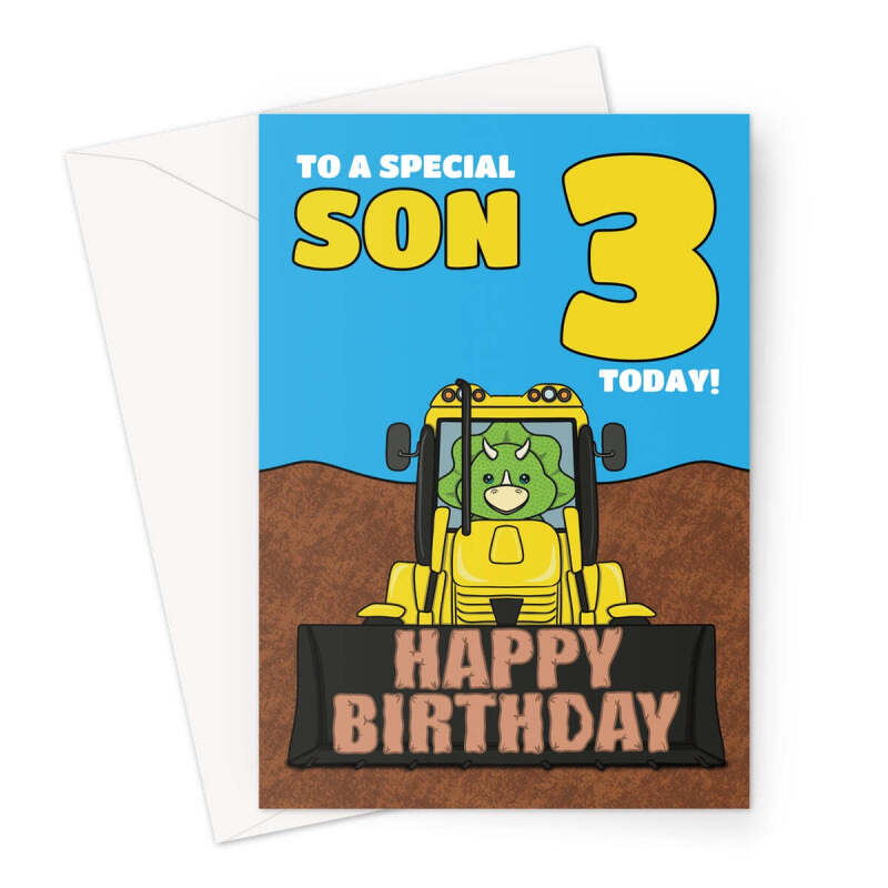 Son 3rd Birthday Card - Dinosaur Digger - A5 Portrait - 1 Card