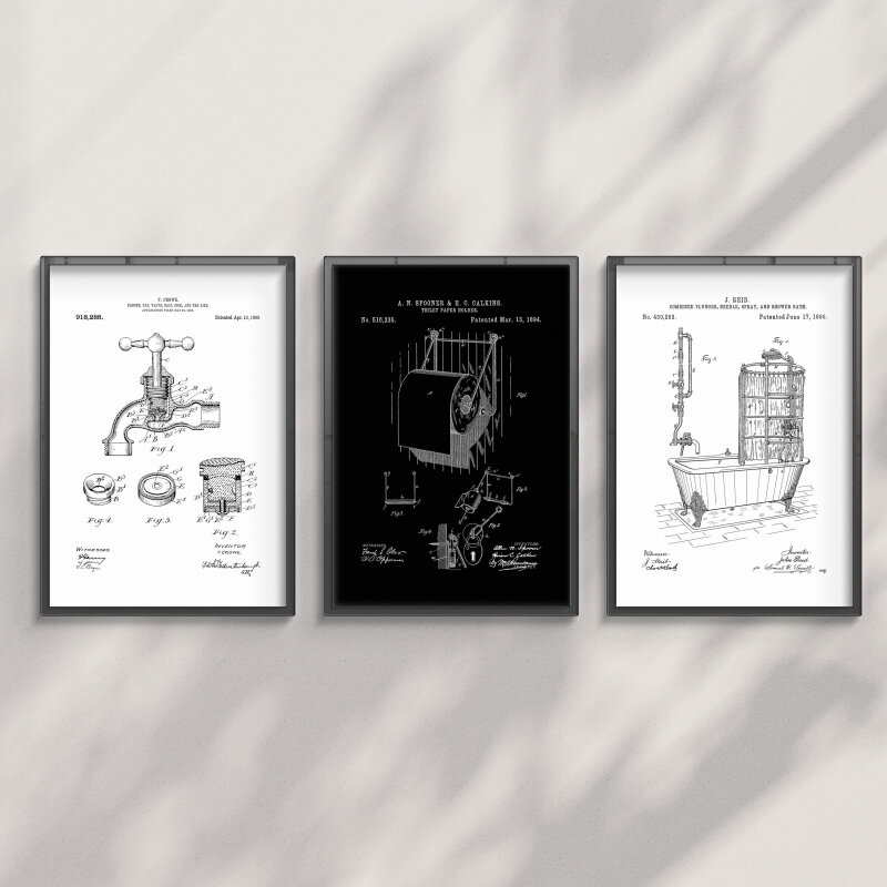 Patent bathroom prints, wall art, decor - A5 - Glossy - Black - Bath and shower