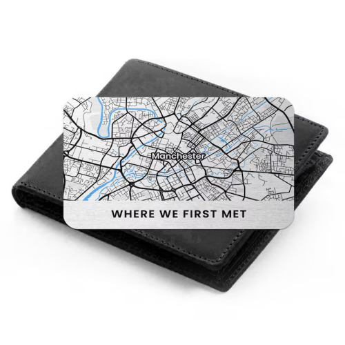 Metal wallet card with map & caption, Where we first met