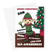 Merry Christmas Card For Son - Funny Drinking Elf-Awareness - A5 Greeting Card