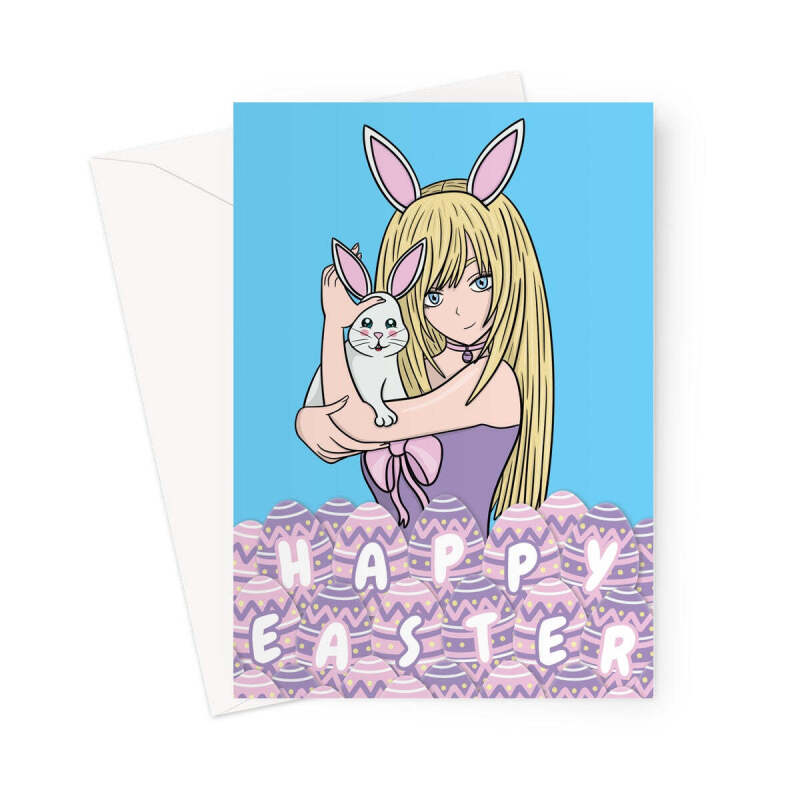 Happy Easter Card - Cute Anime Girl And Bunny - A5 Portrait - 1 Card