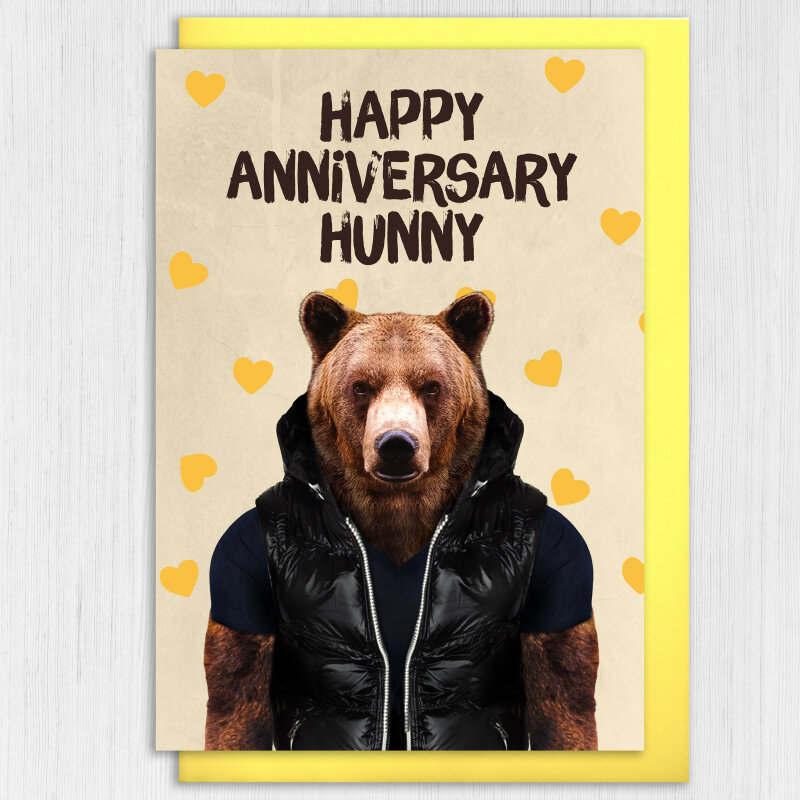 Happy anniversary hunny bear in clothes anniversary card for wife, husband, girlfriend, boyfriend (Animalyser) (Size A6/A5/A4/Square 6x6") - A6: Single card