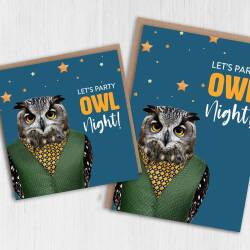 Let's party owl night! Funny owl, bird in clothes birthday card for friend, family, child, adult (Animalyser) (Size A6/A5/A4/Square 6x6") - A6: Single card