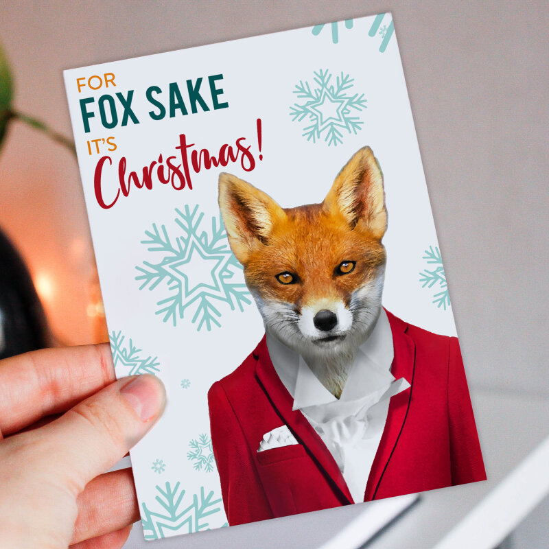 For Fox Sake it’s Christmas funny fox in clothes Christmas, Holidays, Xmas, festive card (Animalyser) (Size A6/A5/A4/Square 6x6") - A6: Single card