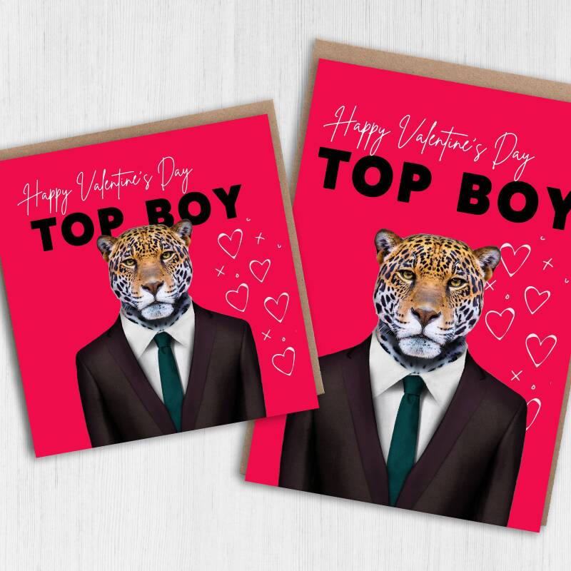 Happy Valentine's Day Top Boy Jaguar animal in clothes card for boyfriend, husband, male partner (Animalyser) Size A6/A5/A4/Square - A6: Single card