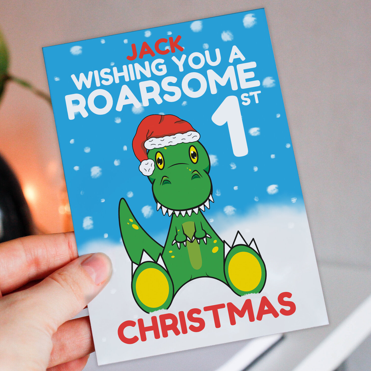 Roarsome Christmas personalised with age, name dinosaur Holidays, Xmas, festive card for child, son, daughter, grandchild (Size A6/A5/A4) - A6: Single card