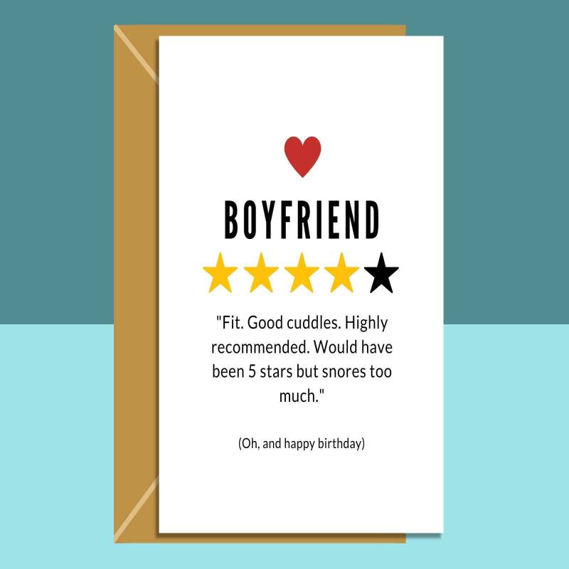 Funny Boyfriend Birthday Card - 4 Stars - Fit, snores too much - for him - Can be personalised with a custom message inside - Blank inside