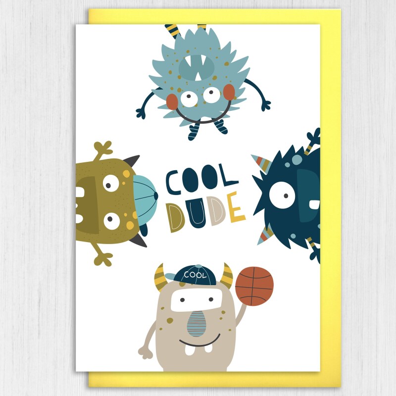 Cool dude monsters birthday card for children, child, kid, boy, girl, niece, nephew, grandson, granddaughter (Size A6/A5/A4/Square 6x6") - A6: Single card